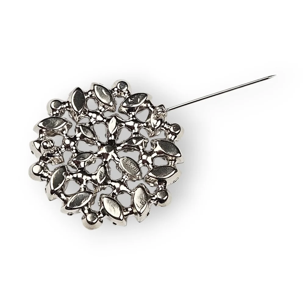Vintage Rhinestone Flower Brooch Green White Rhodium Plated Snowflake B David